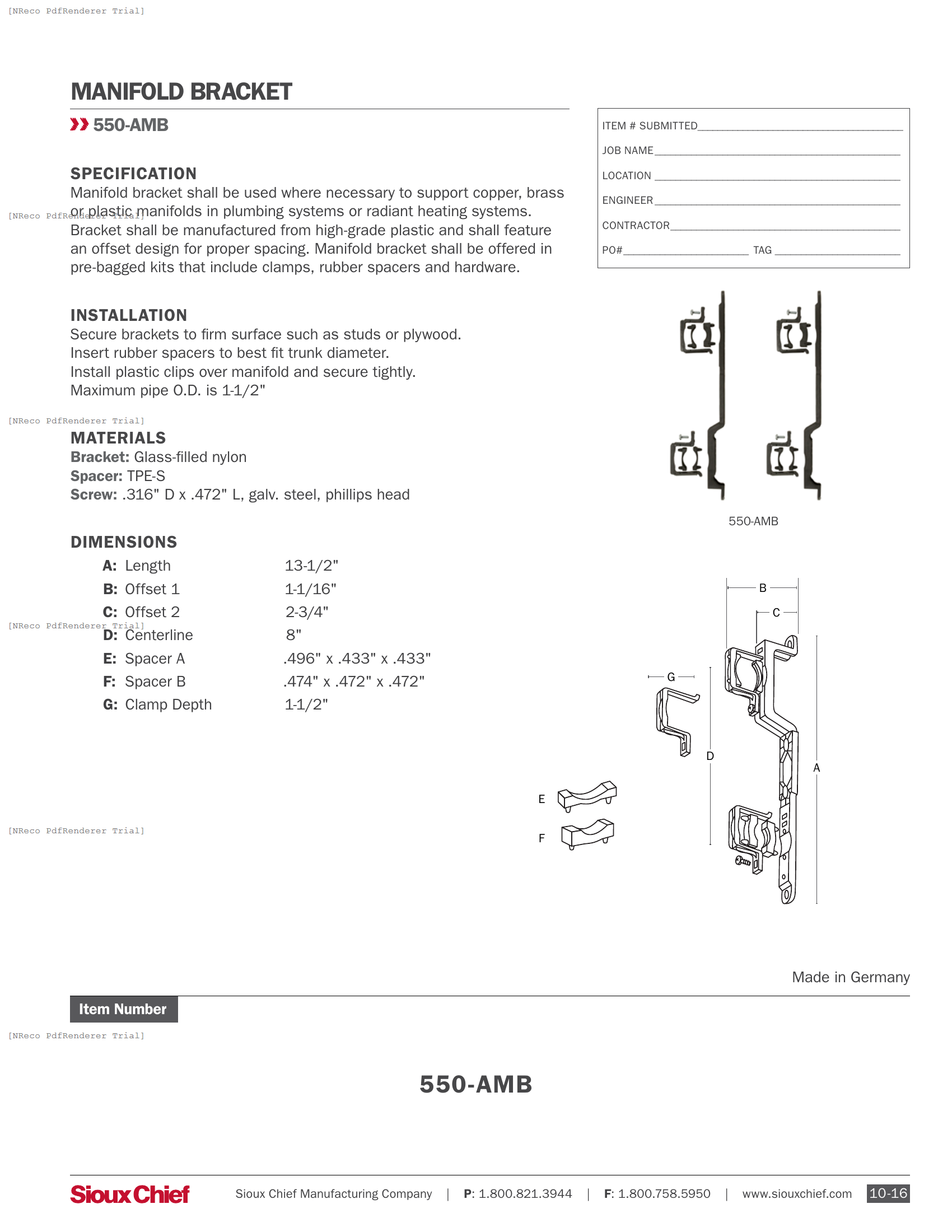 550-AMB - MANIFOLD BRACKET - SPEC SHEET.PDF Specification Document